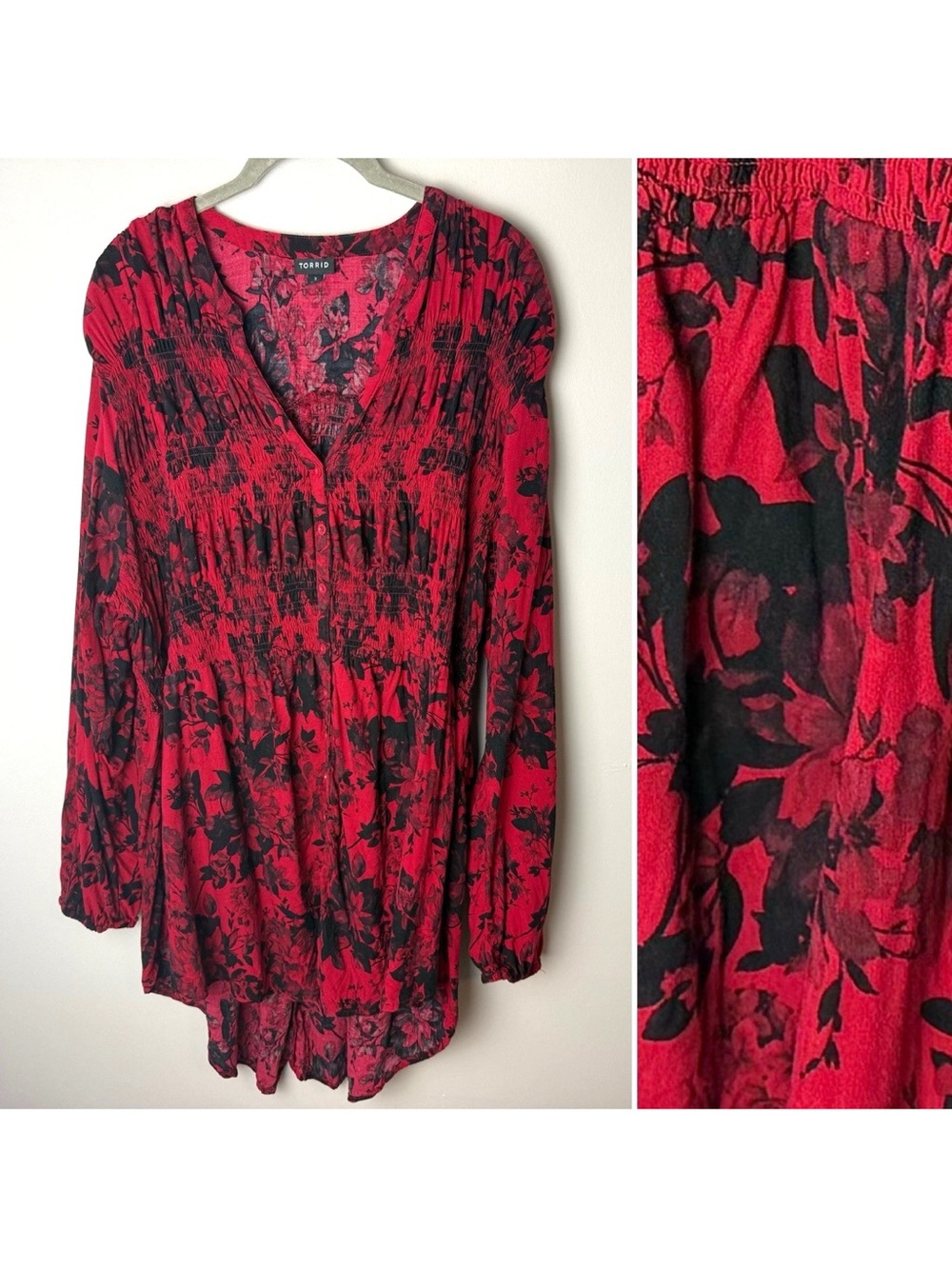 Torrid Smocked Babydoll Tunic Top Plus Size 3 (3X) Red Black Floral Long Sleeves